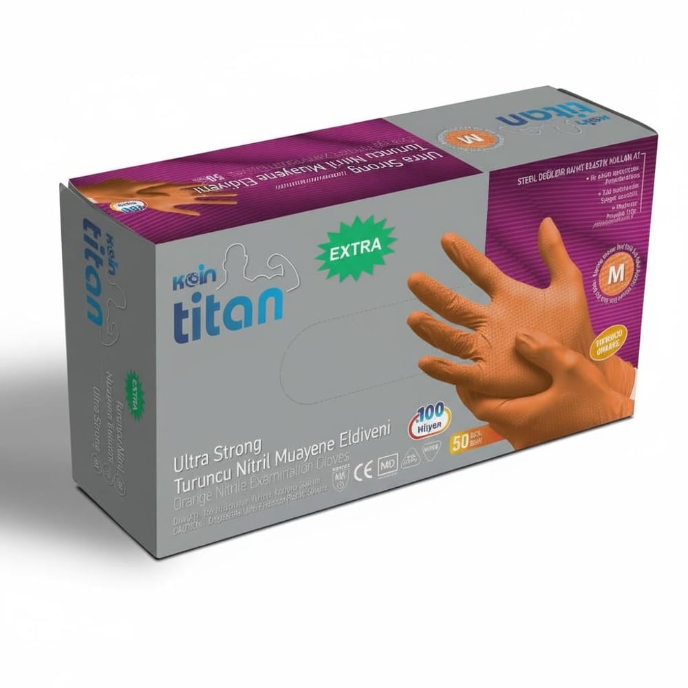 Koin Titan Ultra Kalın Turuncu Nitril Eldiven 50'Li 