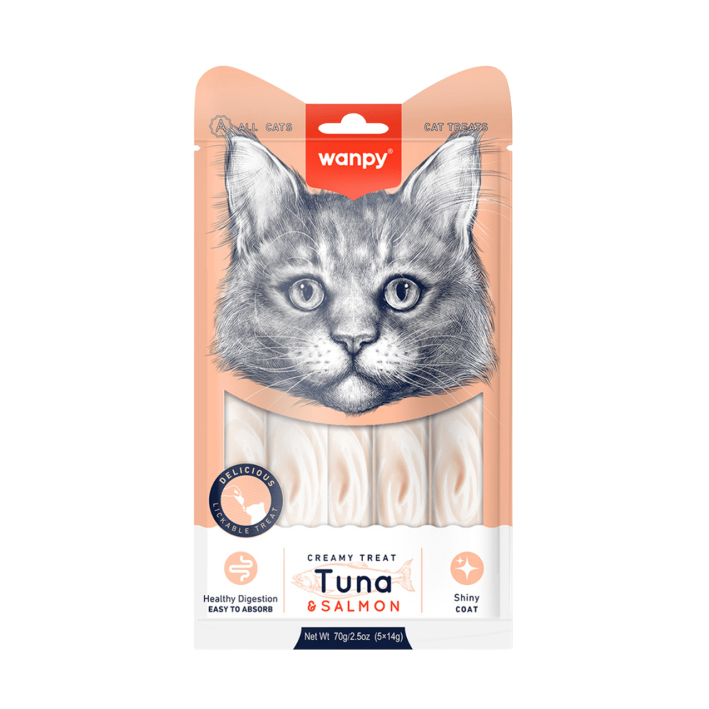 Wanpy Ton Balığı ve Somonlu Tüy Sağlığı Destekleyici Krema Kedi Ödül Maması 14gr (5'li)