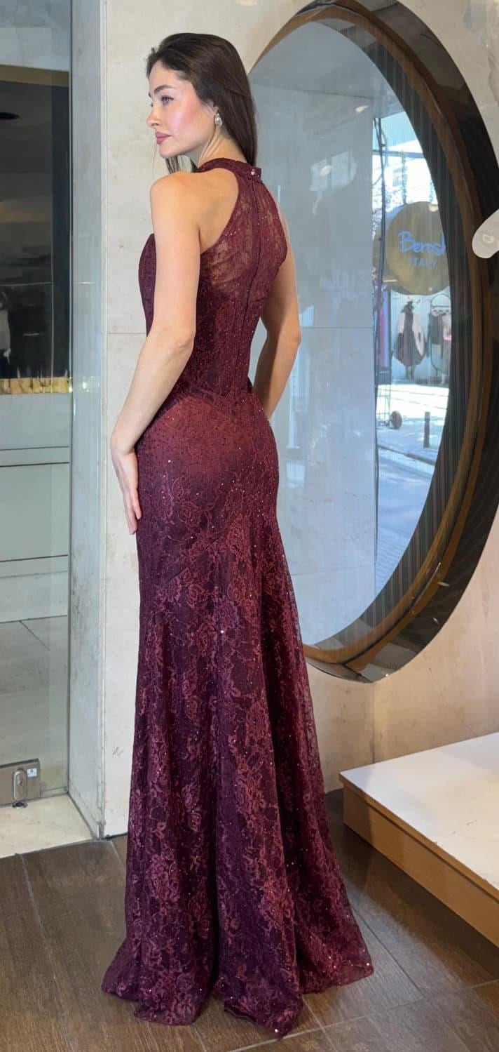 Bordo Halter Yaka Payet İşlemeli Dantel Abiye