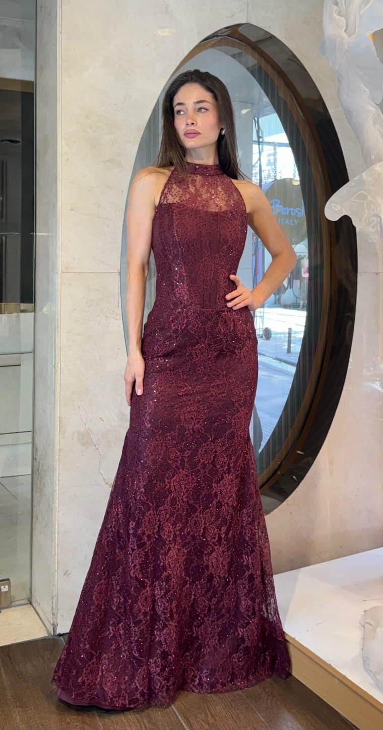 Bordo Halter Yaka Payet İşlemeli Dantel Abiye