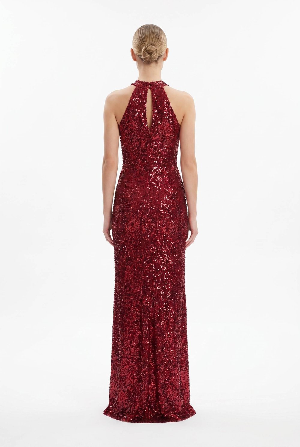 Bordo Halter Yaka Payetli Abiye