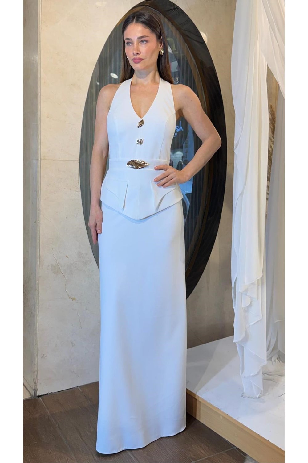 Ekru Cepli Halter Yaka Abiye