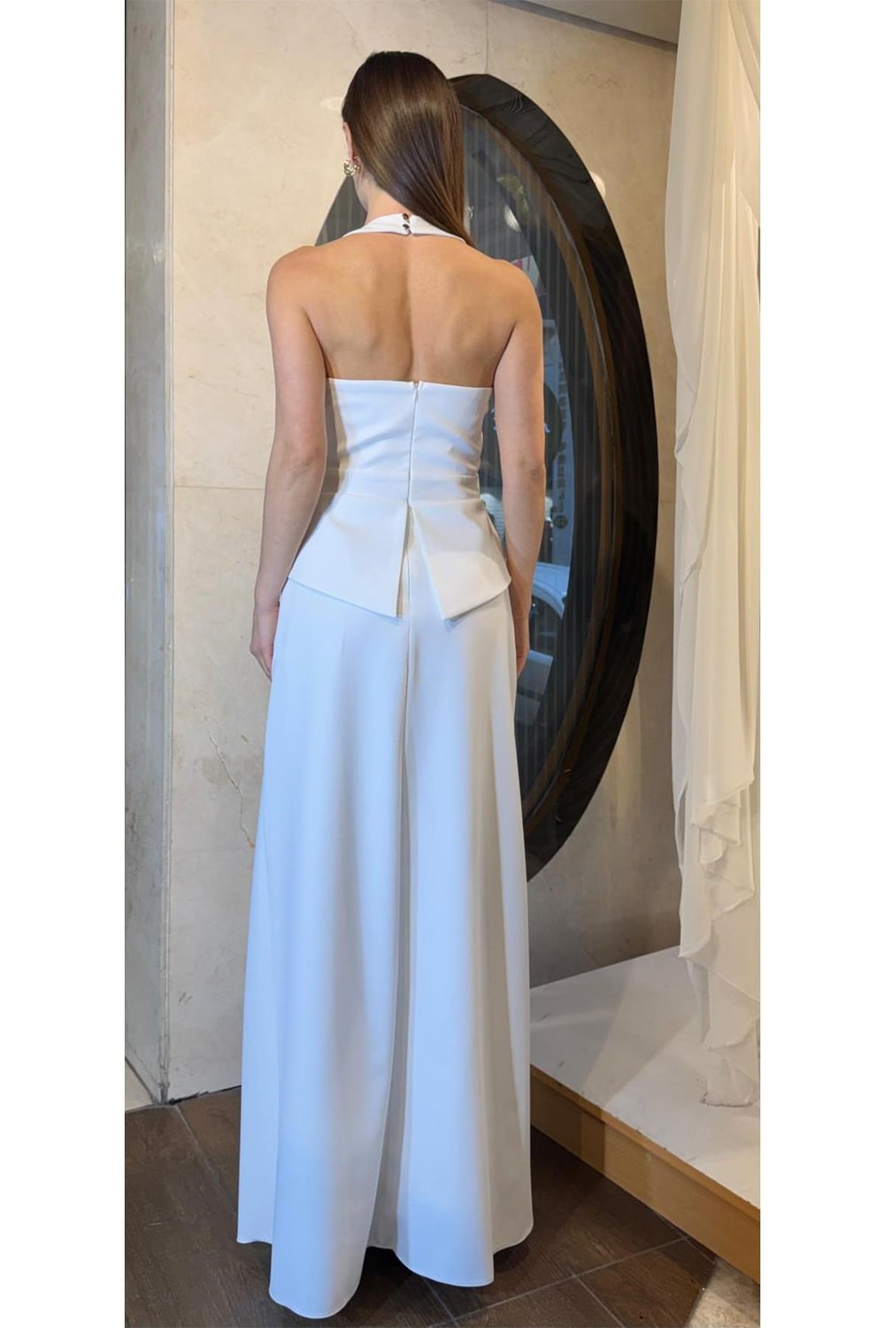 Ekru Cepli Halter Yaka Abiye