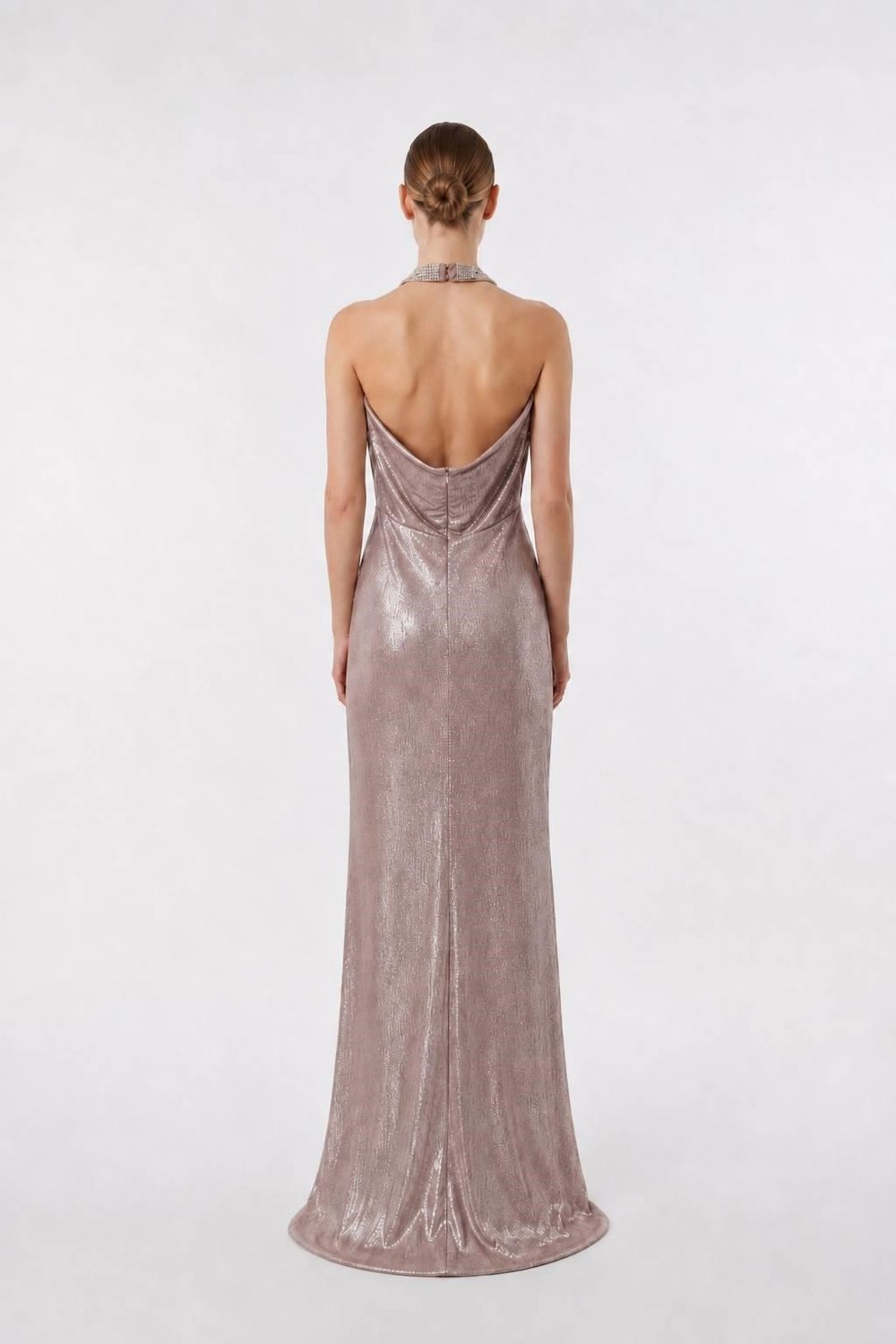 Gold Halter Yaka Drapeli Abiye