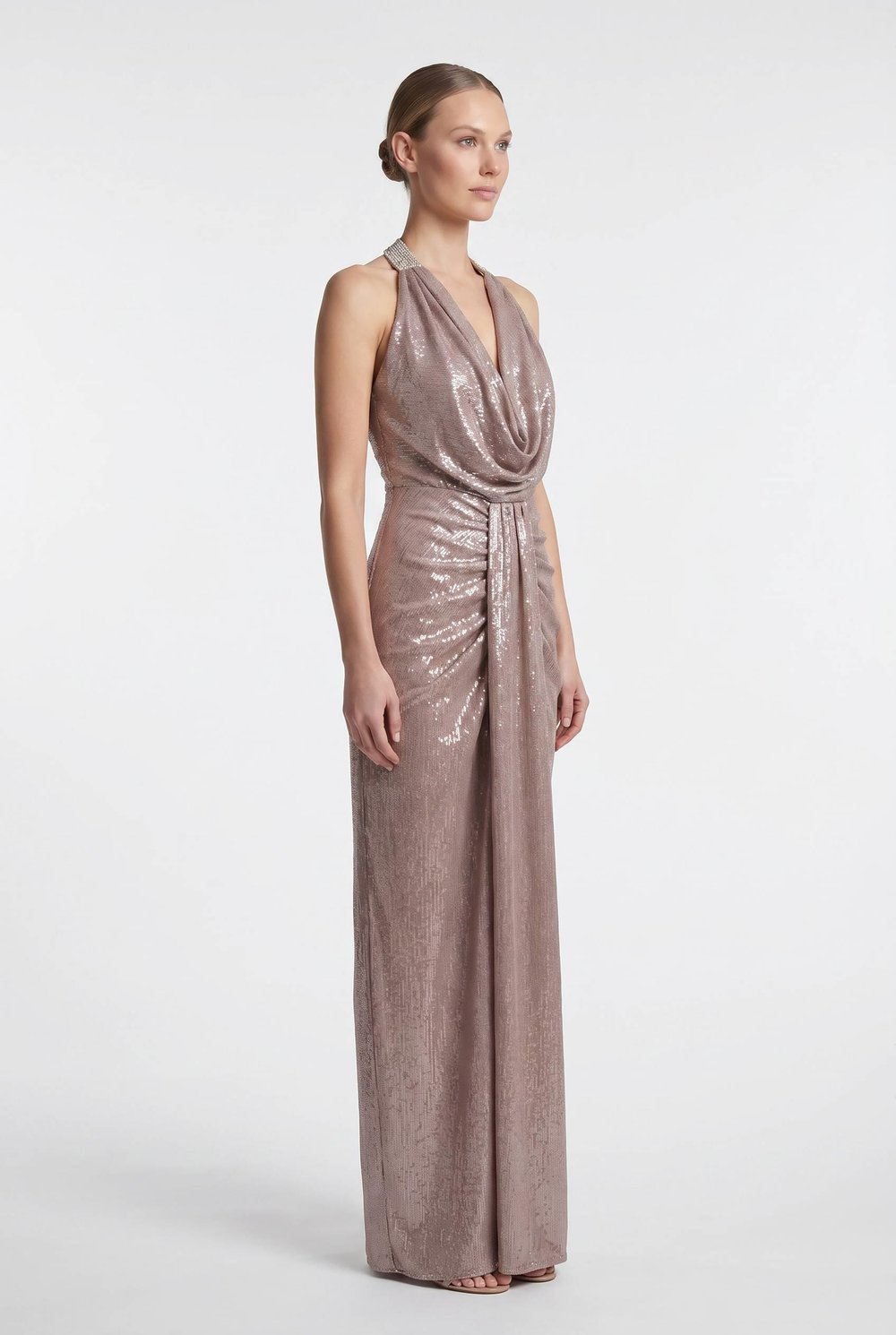 Gold Halter Yaka Drapeli Abiye