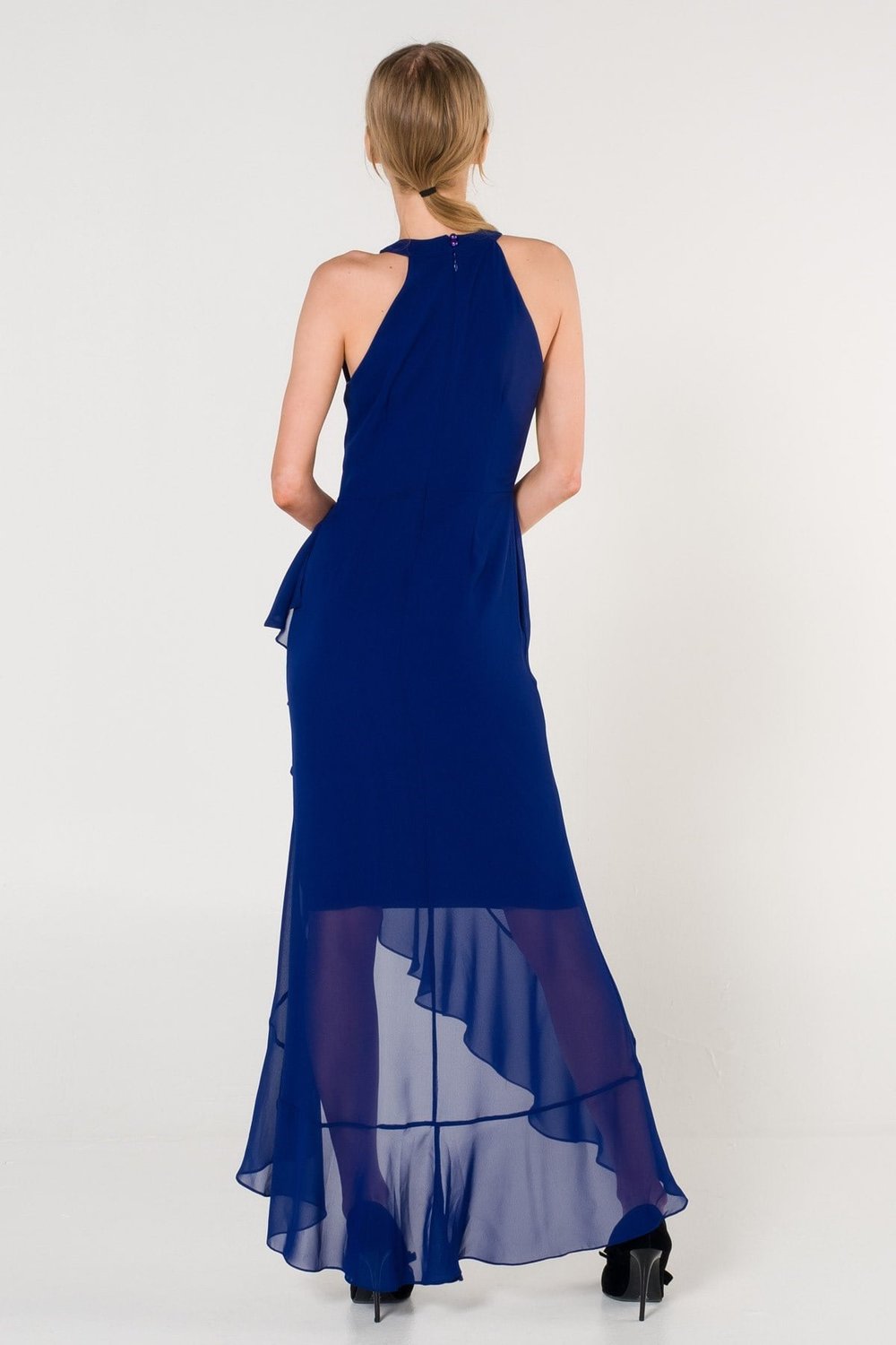 Saks Halter Yaka Şifon Elbise