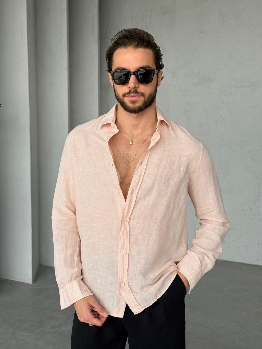%100 Pamuk Keten Gömlek G - Açık Pembe