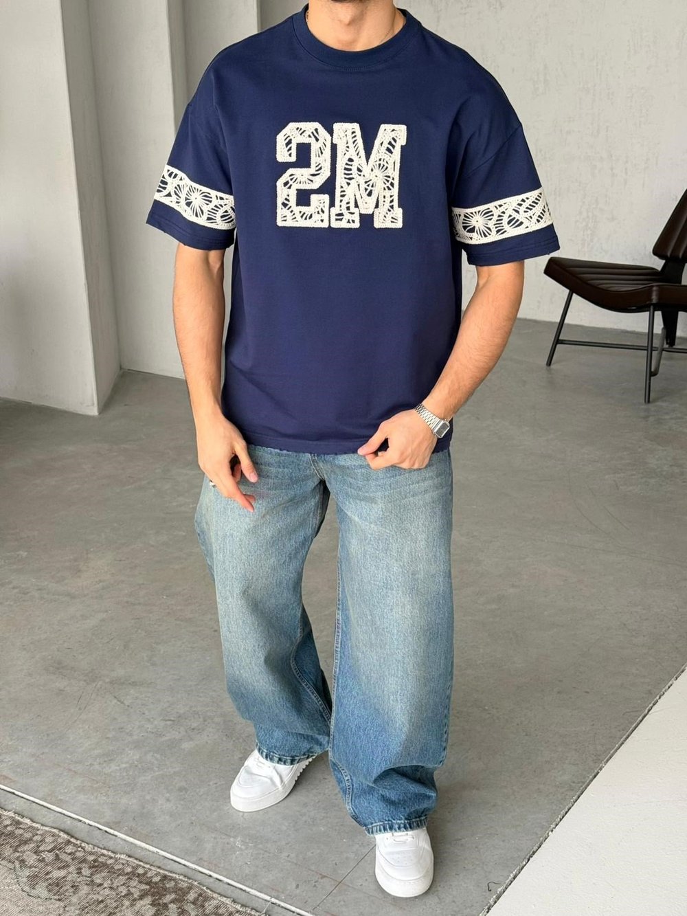 2M Nakışlı Oversize T-Shirt - Lacivert