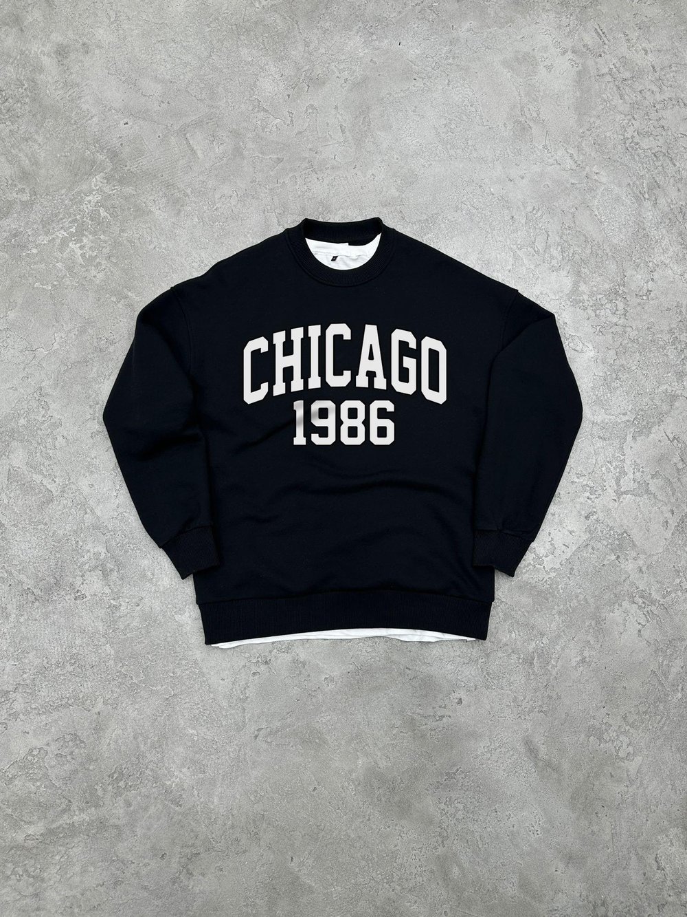 3 İplik Şardonlu Bisiklet Yaka CHICAGO Sweatshirt - Siyah