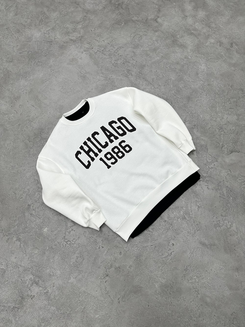 3 İplik Şardonlu Bisiklet Yaka CHICAGO Sweatshirt - Beyaz