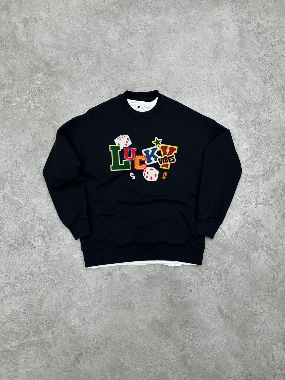 3 İplik Şardonlu Bisiklet Yaka LUCKY Sweatshirt - Siyah