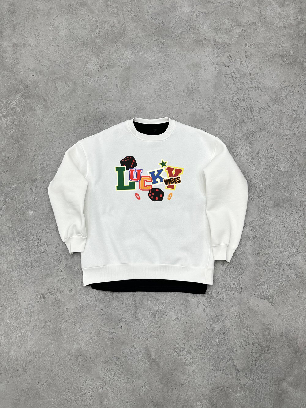 3 İplik Şardonlu Bisiklet Yaka LUCKY Sweatshirt - Beyaz