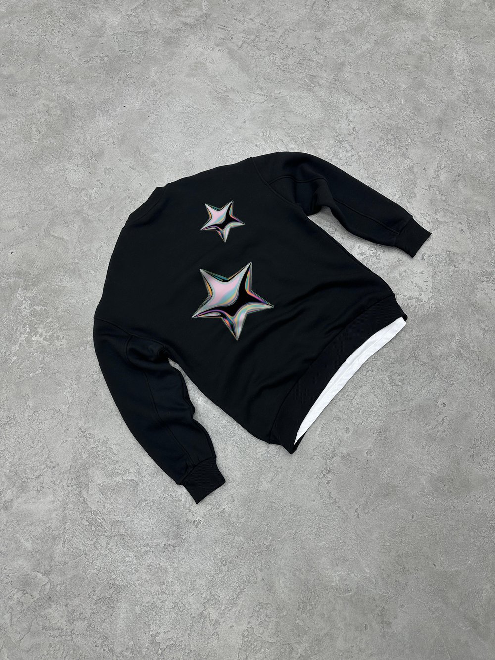 3 İplik Şardonlu Bisiklet Yaka STAR Sweatshirt - Siyah