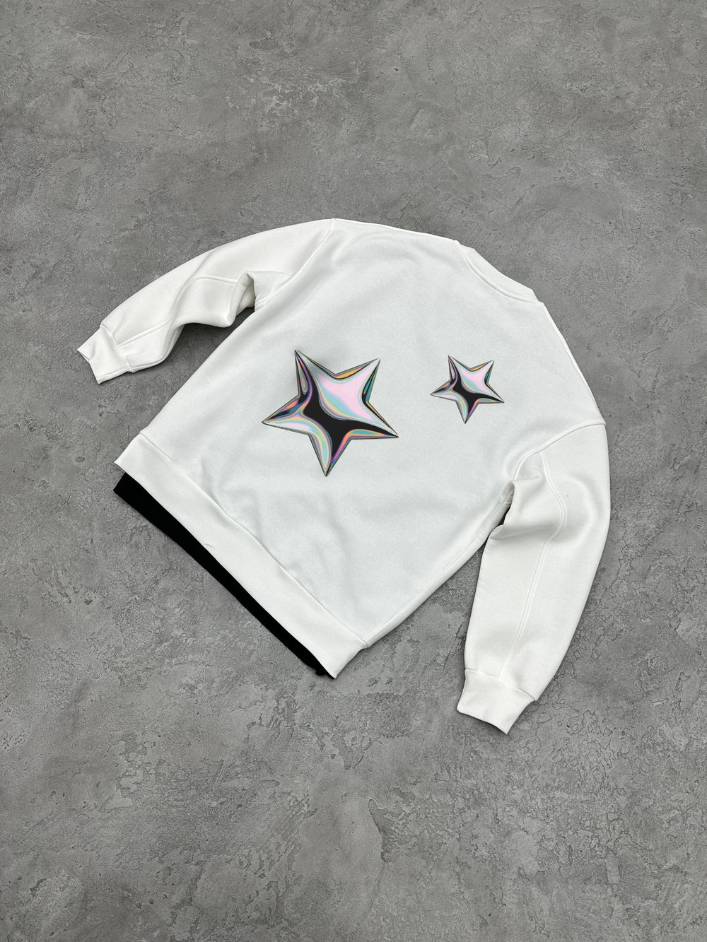 3 İplik Şardonlu Bisiklet Yaka STAR Sweatshirt - Beyaz