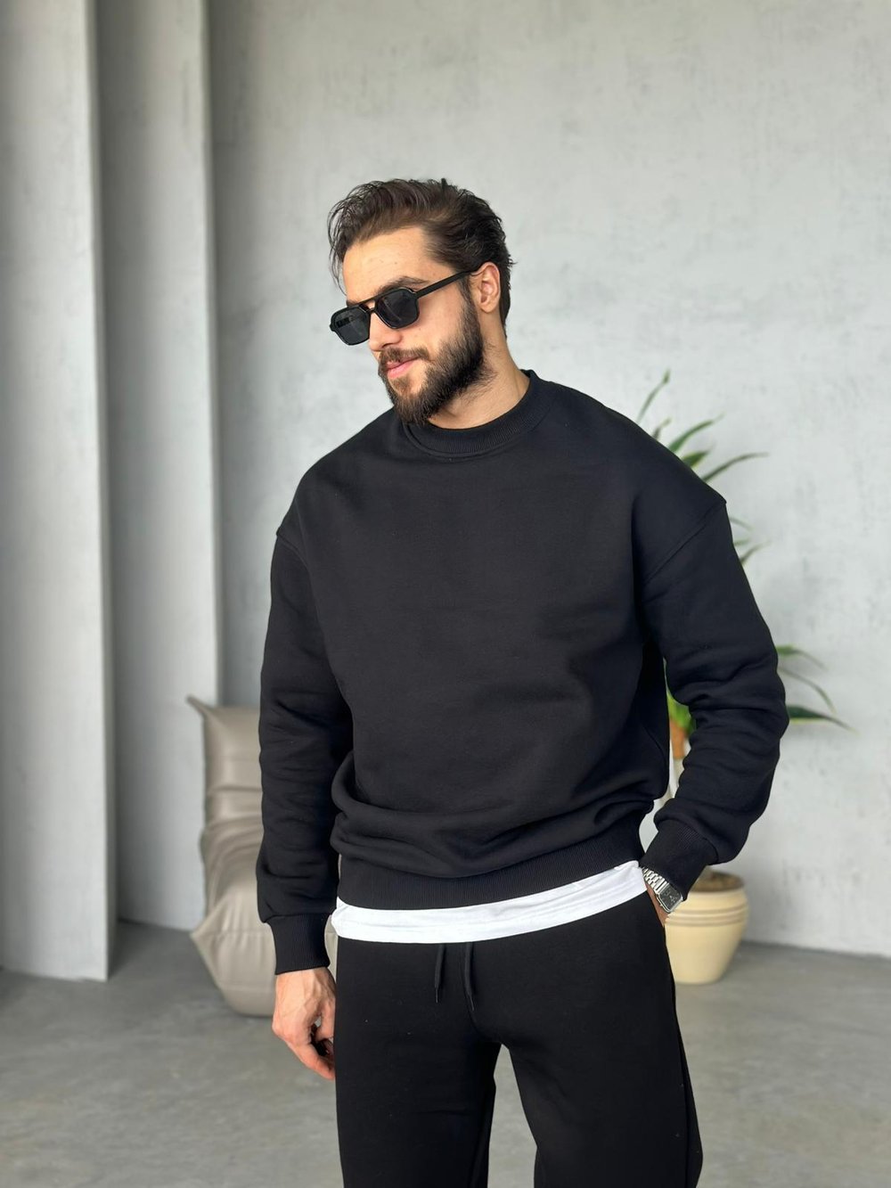 3 İplik Şardonlu Bisiklet Yaka Sweatshirt - Siyah