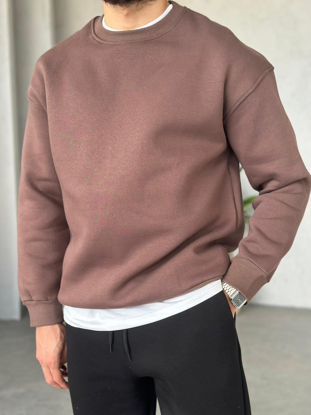 3 İplik Şardonlu Bisiklet Yaka Sweatshirt - Kahve