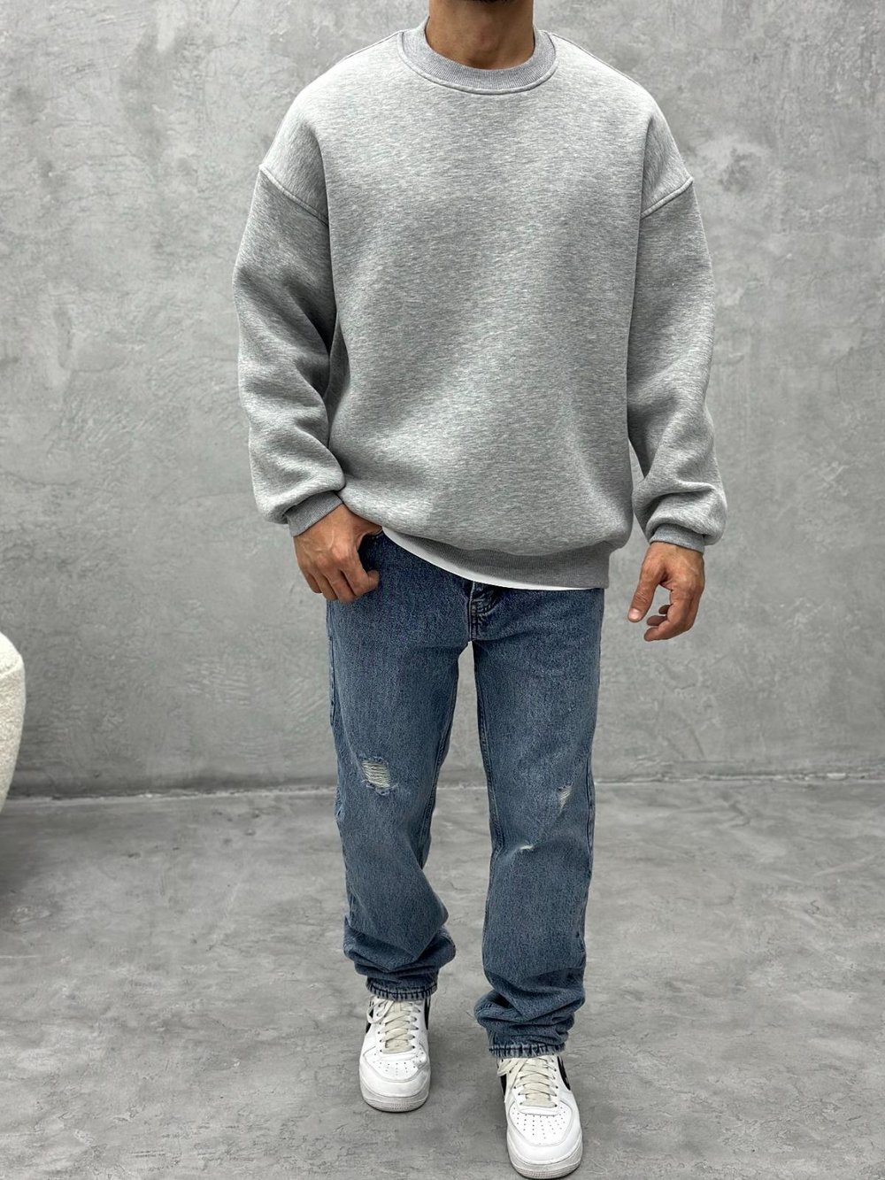 3 İplik Şardonlu Bisiklet Yaka Sweatshirt - Gri