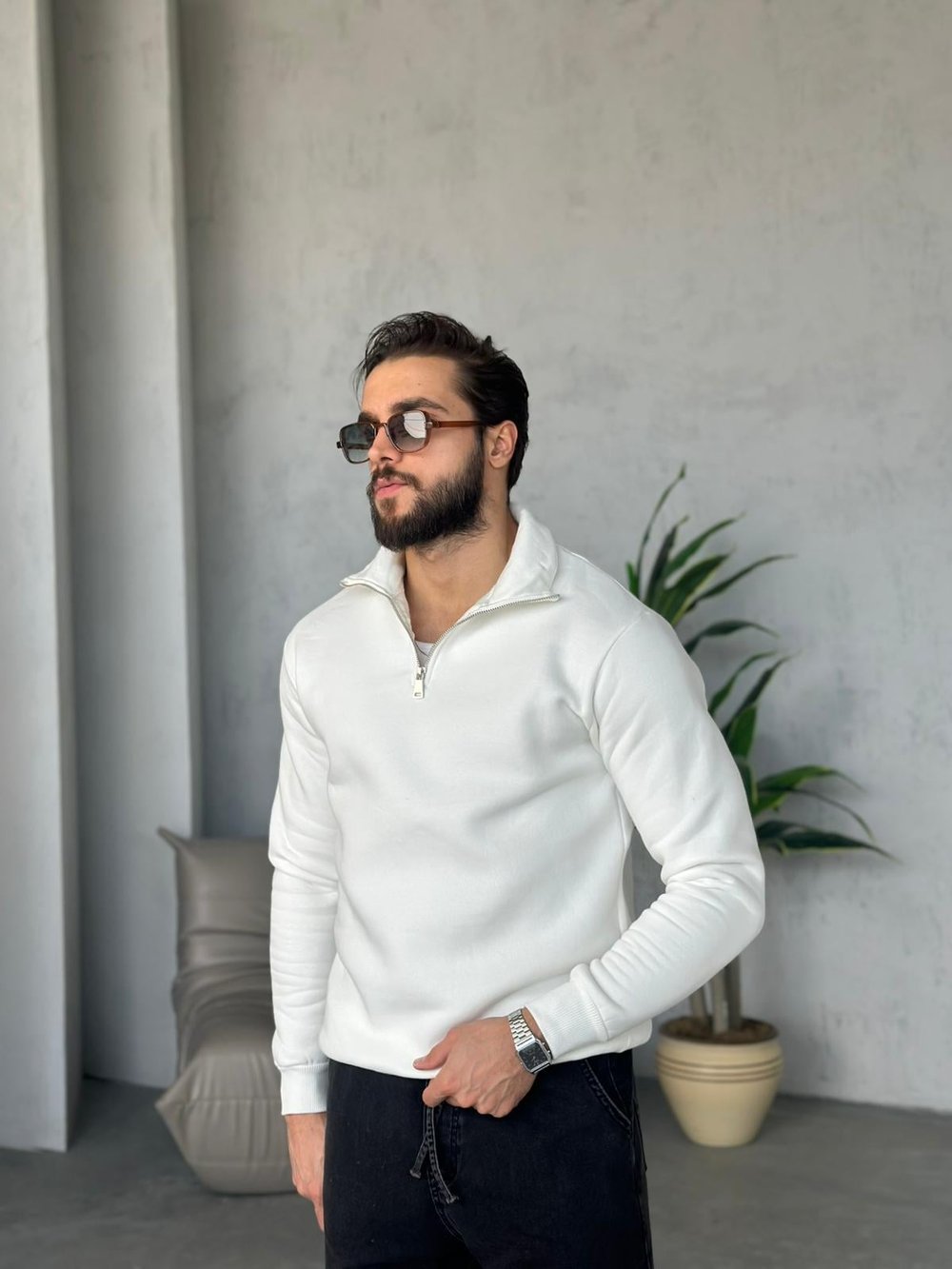 3 İplik Şardonlu Fermuarlı Sweatshirt - Beyaz