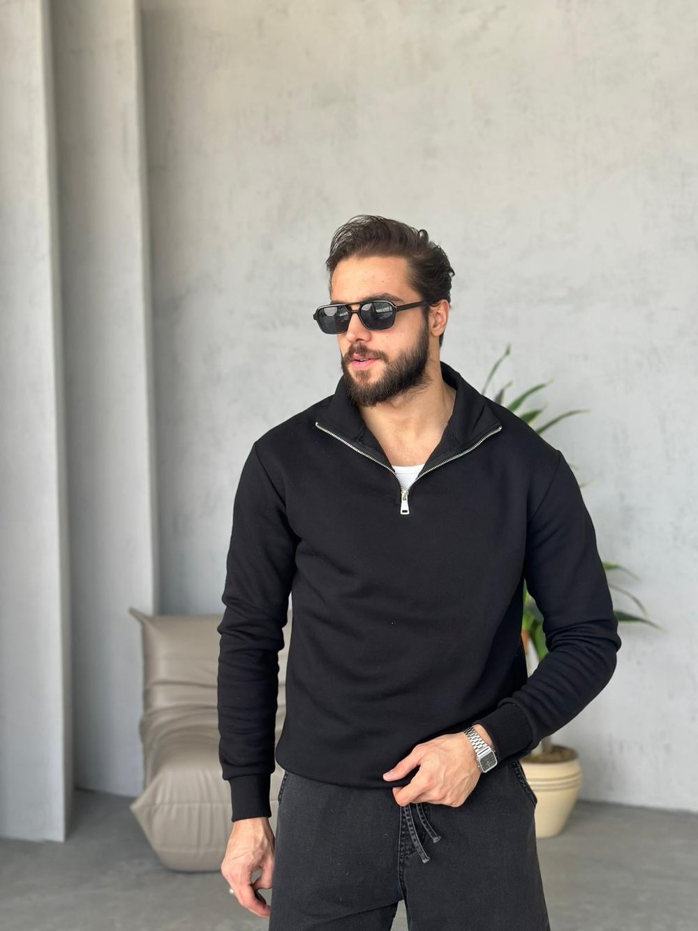3 İplik Şardonlu Fermuarlı Sweatshirt - Siyah
