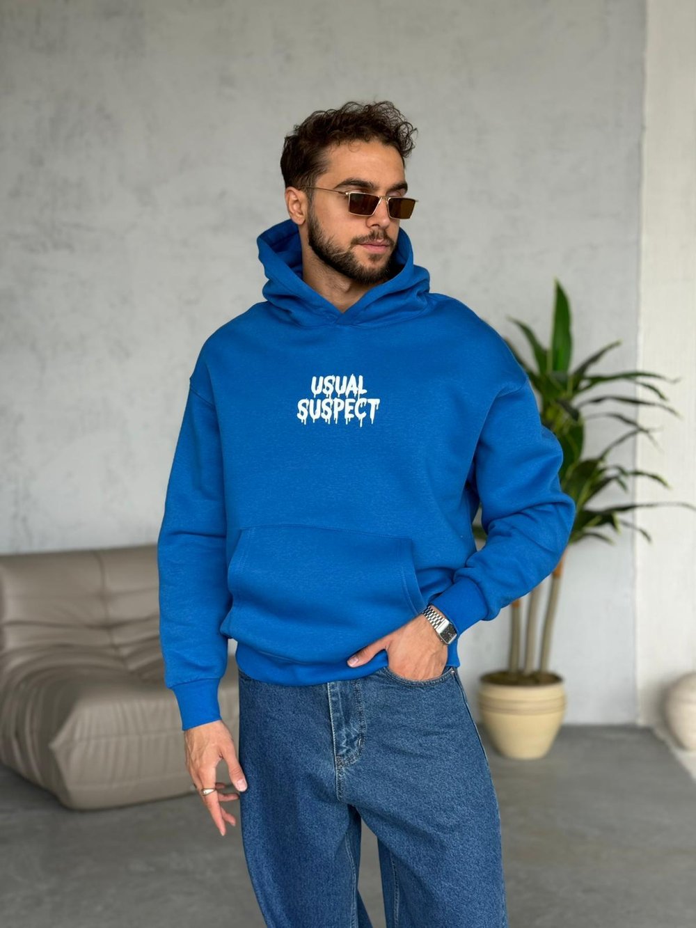 BASKILI 3 İPLİK ŞARDONLU SWEATSHIRT MAVİ