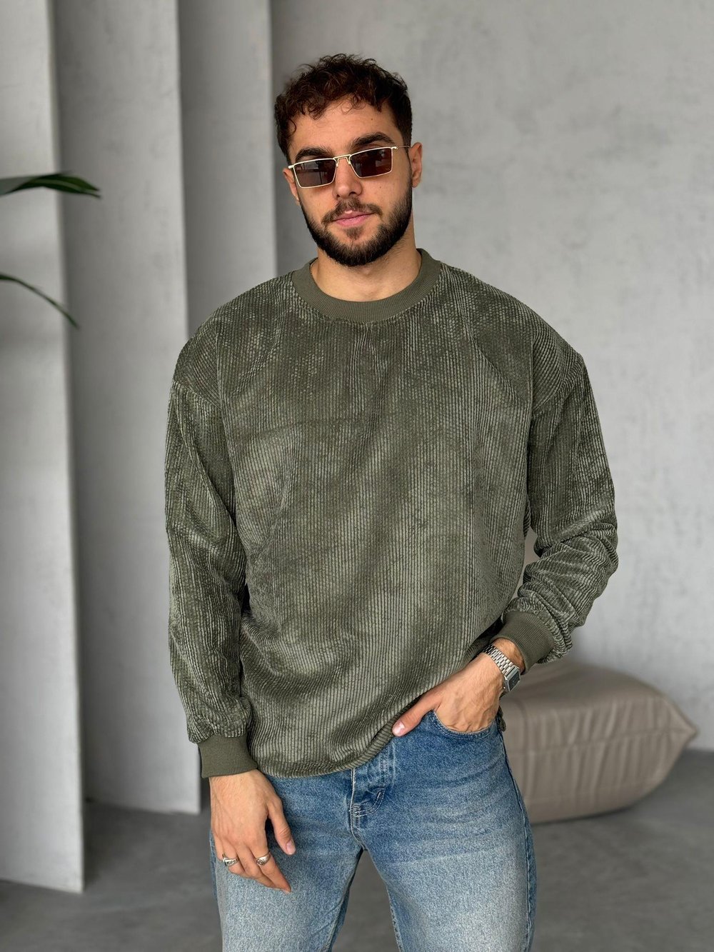 BİSİKLET YAKA KADİFE KUMAŞ SWEAT - HAKİ