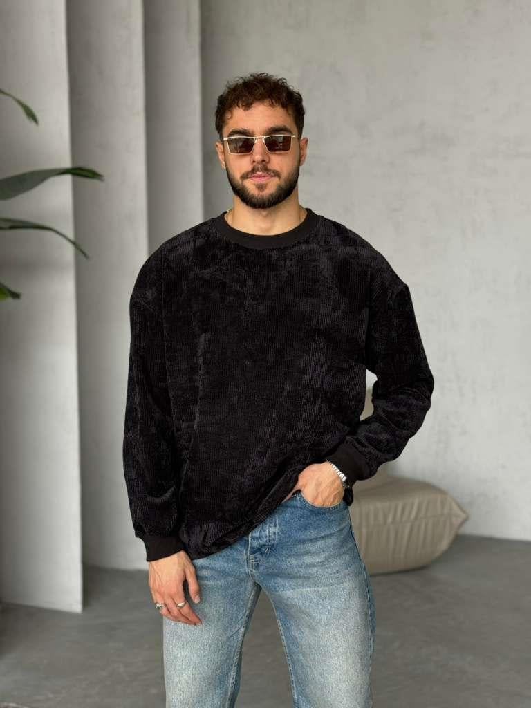 BİSİKLET YAKA KADİFE KUMAŞ SWEAT - SİYAH