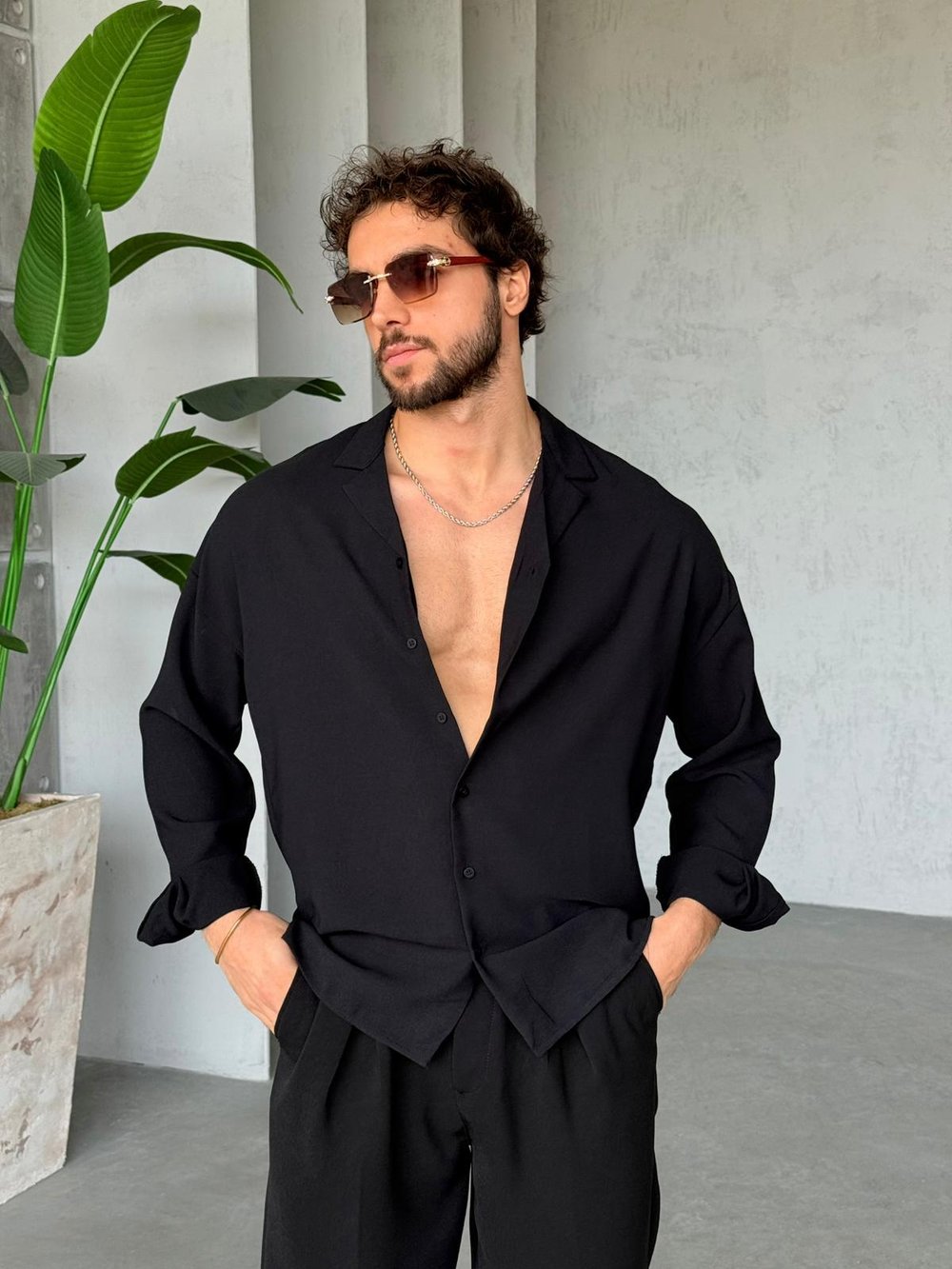Camp Collar Yaka Basic Oversize Gömlek M - Siyah