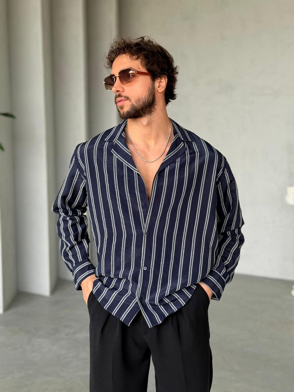 Camp Collar Yaka Çizgili Gömlek M - Lacivert