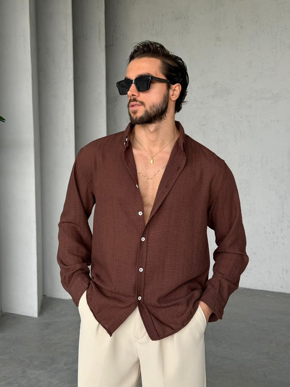 Çizgili Oversize Dokulu Gömlek G - Kahve