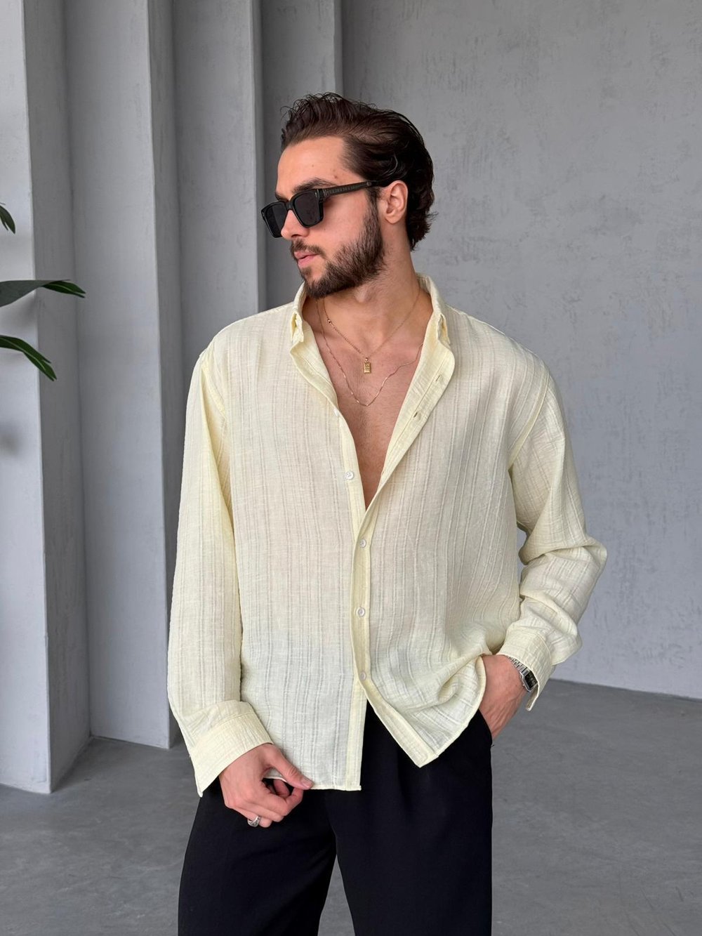 Çizgili Oversize Dokulu Gömlek G - Sarı