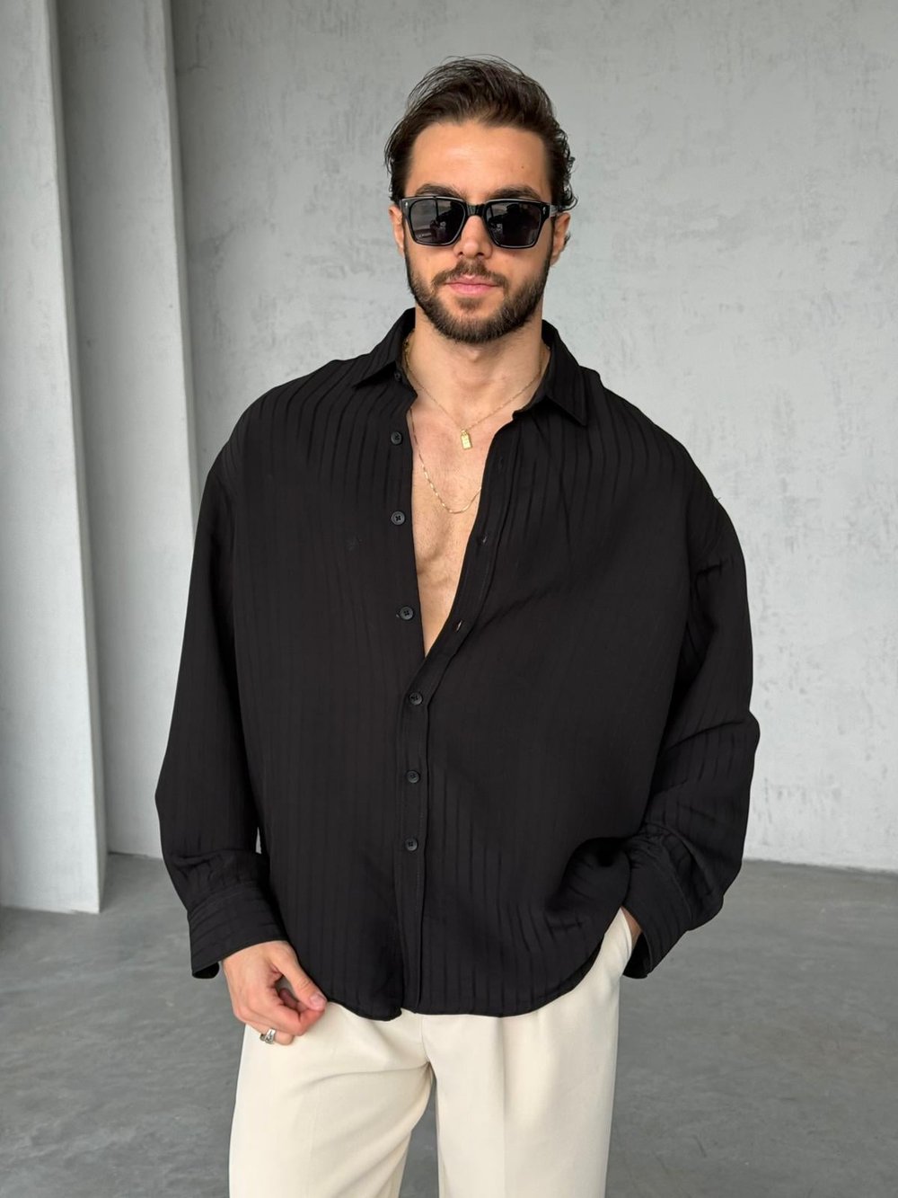 Çizgili Oversize Gömlek G - Siyah