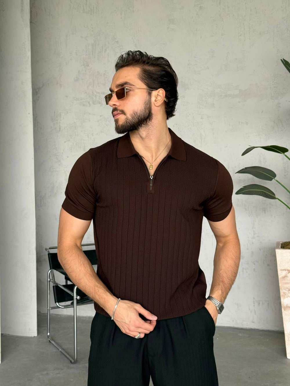 Desenli Fermuarlı Polo Yaka Triko - Kahverengi