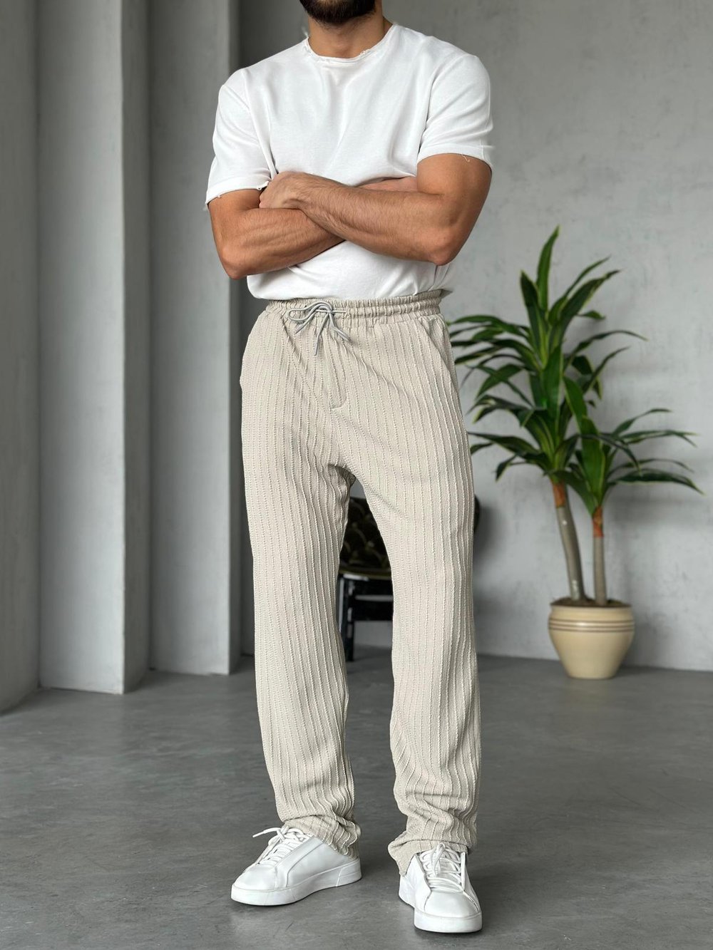 Desenli Jogger Pantolon - Krem