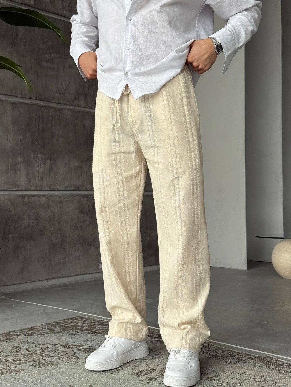 Desenli Keten Kumaş Baggy Pantolon T - Bej