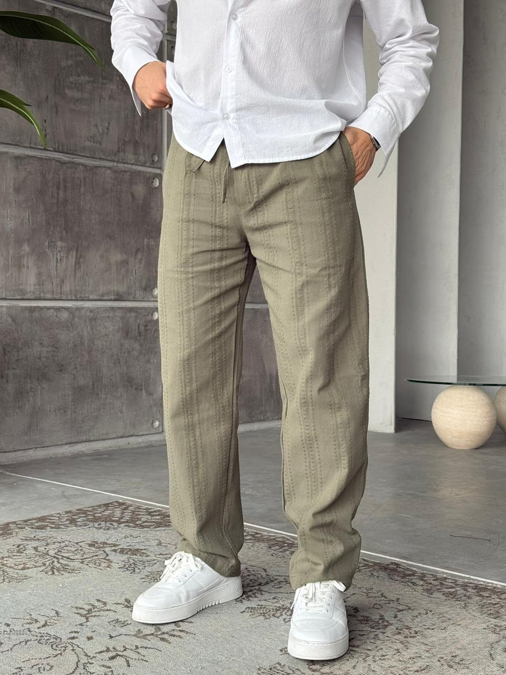 Desenli Keten Kumaş Baggy Pantolon T - Haki