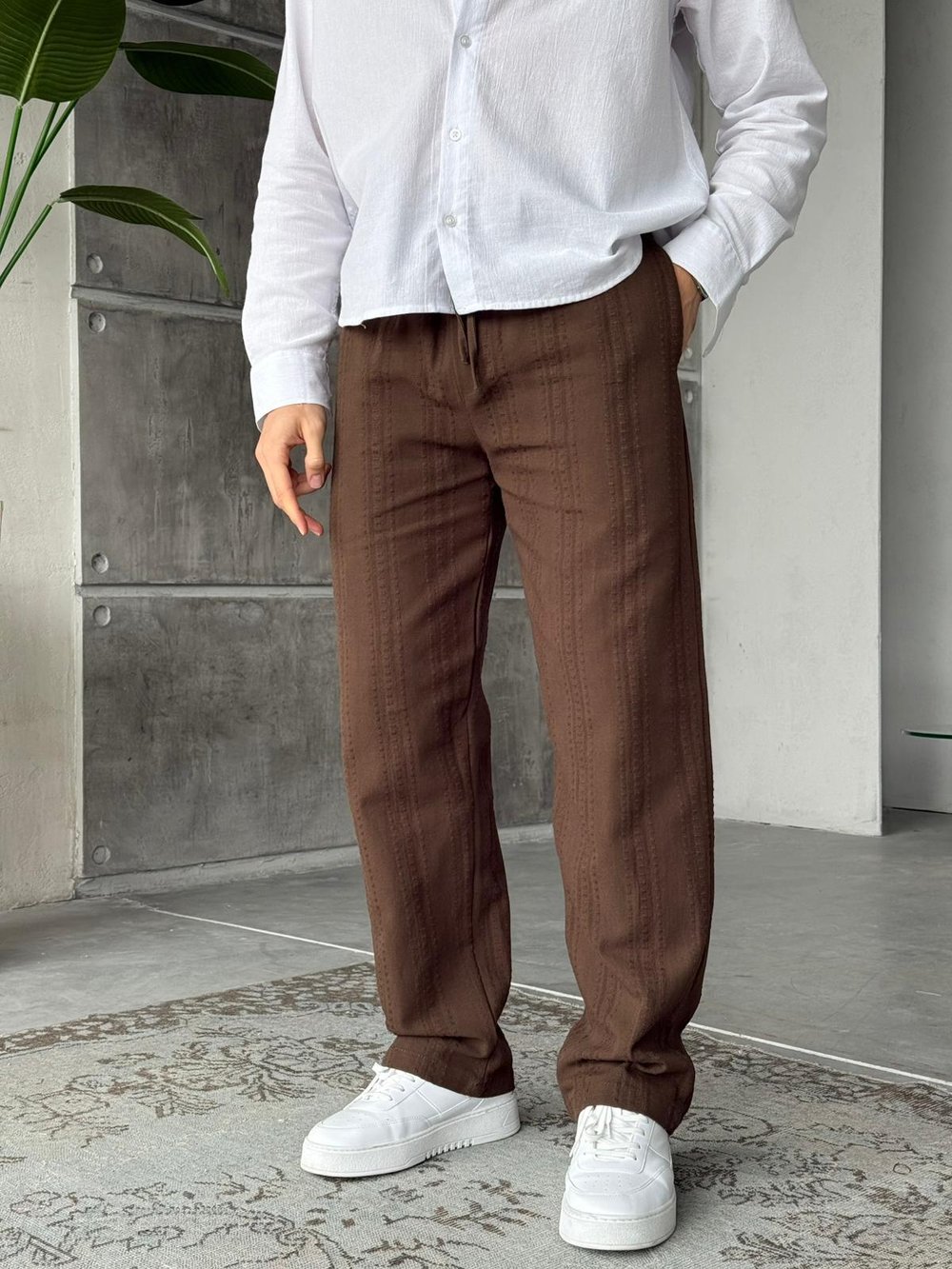Desenli Keten Kumaş Baggy Pantolon T - Kahve