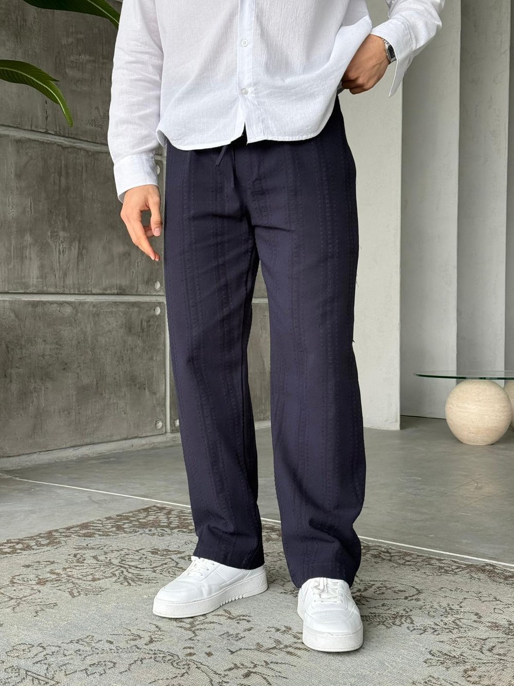 Desenli Keten Kumaş Baggy Pantolon T - Lacivert