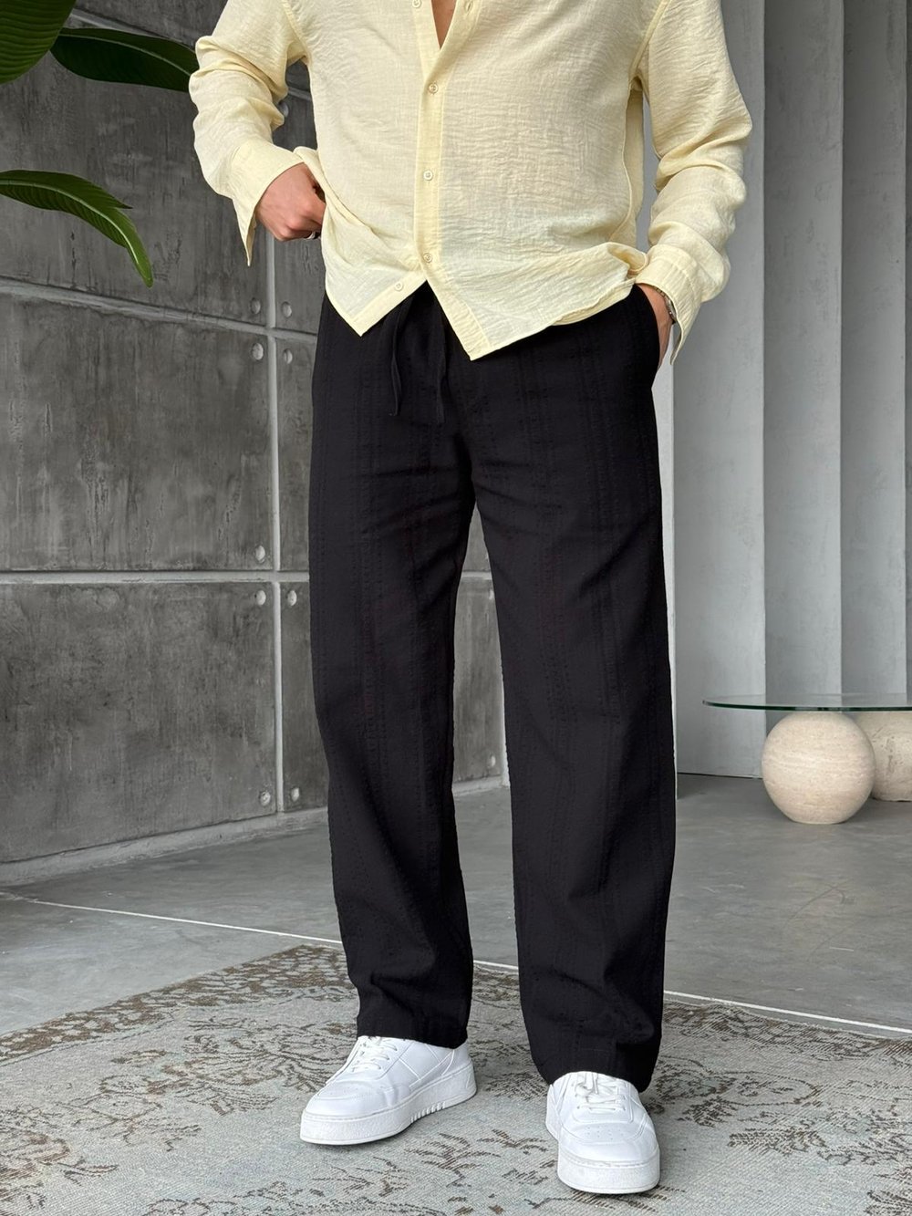Desenli Keten Kumaş Baggy Pantolon T - Siyah