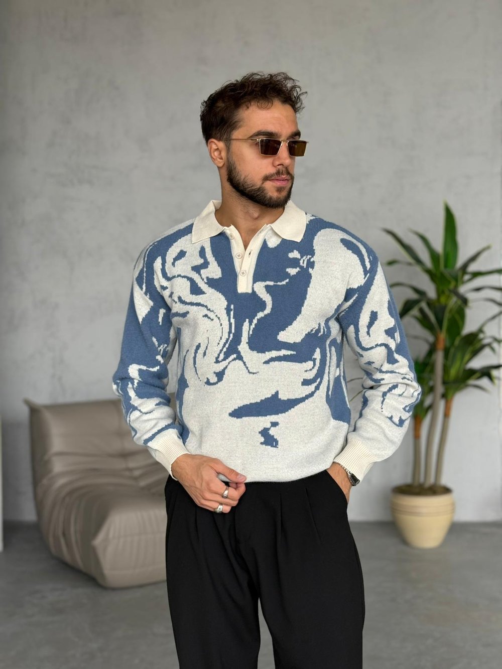 DESENLİ POLO YAKA MAVİ BEYAZ