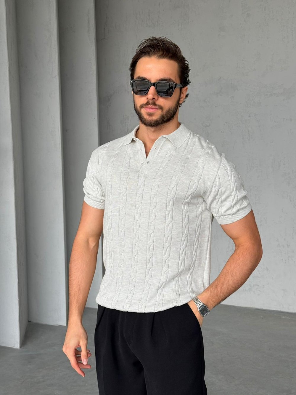 Desenli Polo Yaka Triko G - Gri