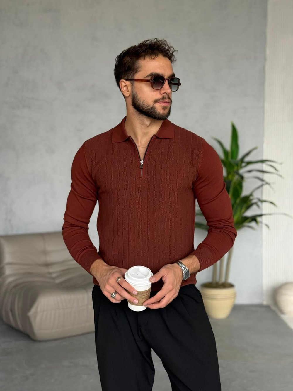 DESENLİ YARIM FERMUARLI POLO YAKA KİREMİT