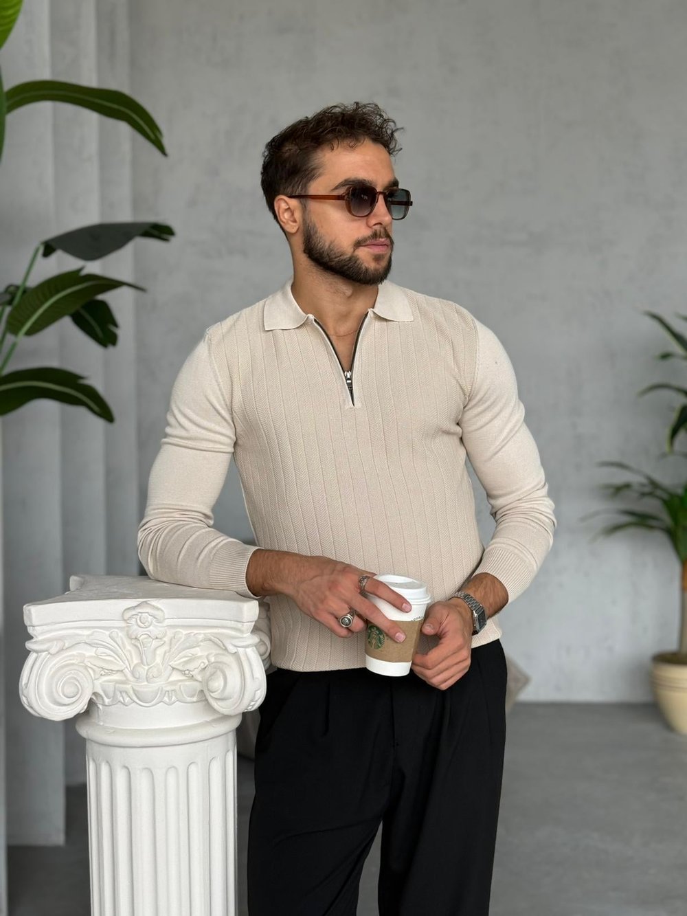 DESENLİ YARIM FERMUARLI POLO YAKA KREM