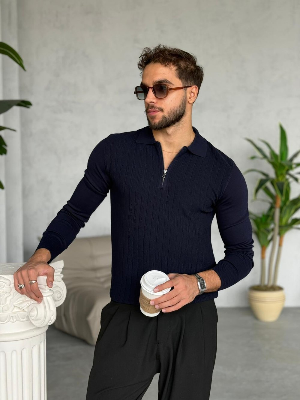 DESENLİ YARIM FERMUARLI POLO YAKA LACİVERT