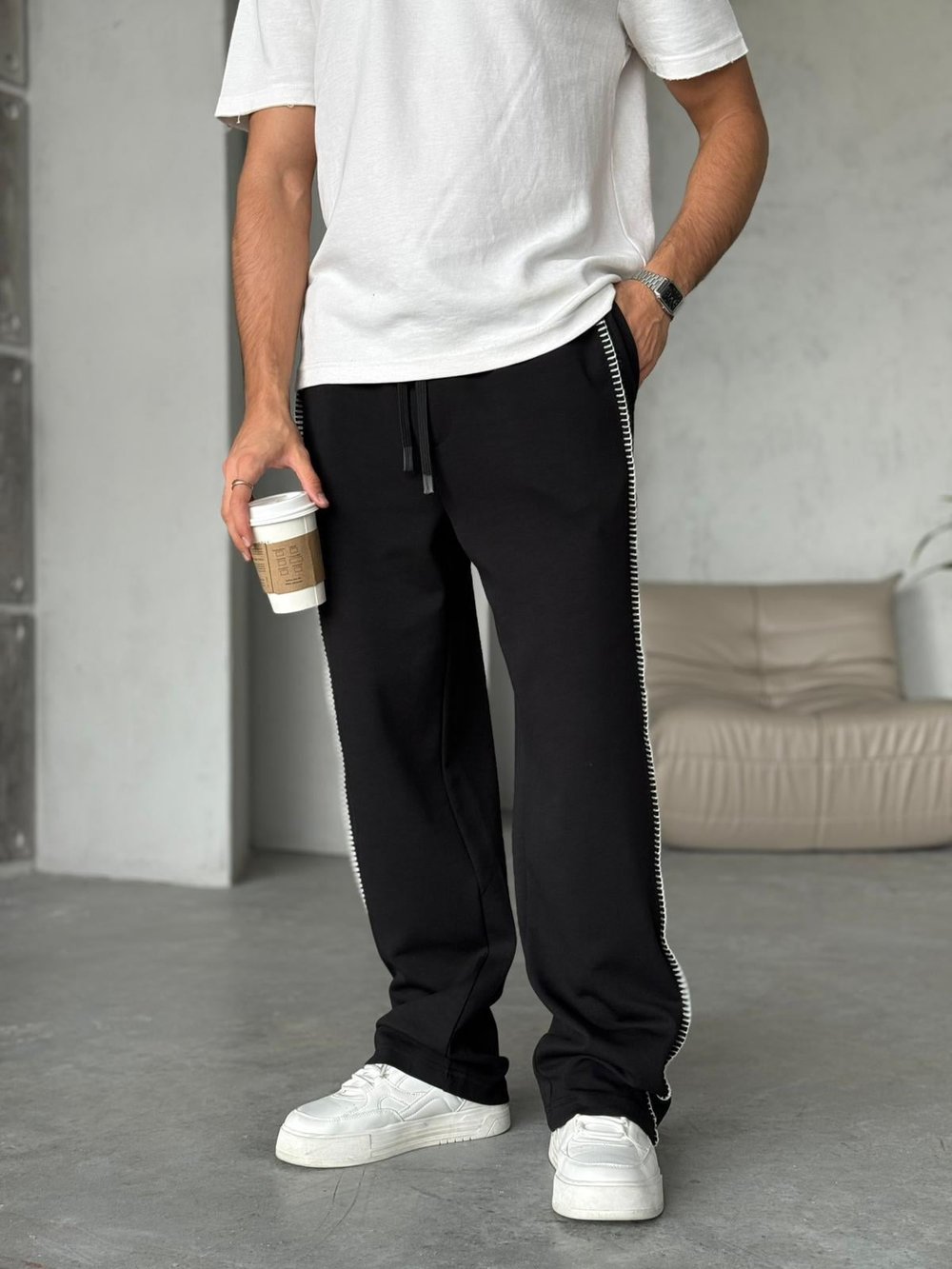 DİKİŞ DETAYLI BAGGY EŞOFMAN - Siyah