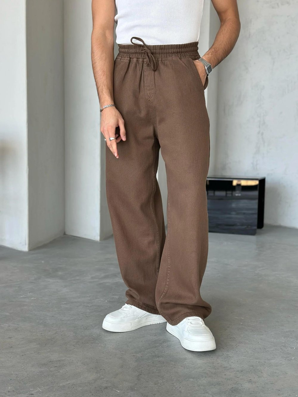 Dokulu Gabardin Baggy Pantolon Kahve  W