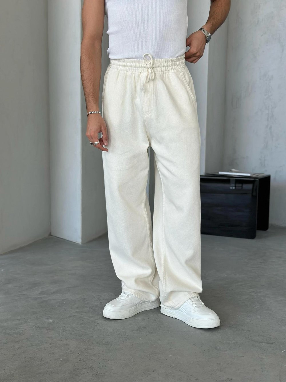 Dokulu Gabardin Baggy Pantolon Krem  W
