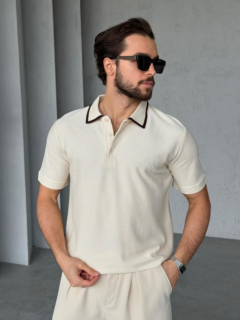 Düğmeli Polo Yaka Triko M - Krem