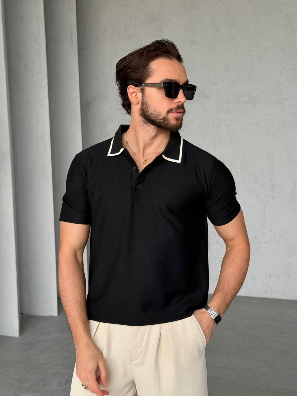 Düğmeli Polo Yaka Triko M - Siyah
