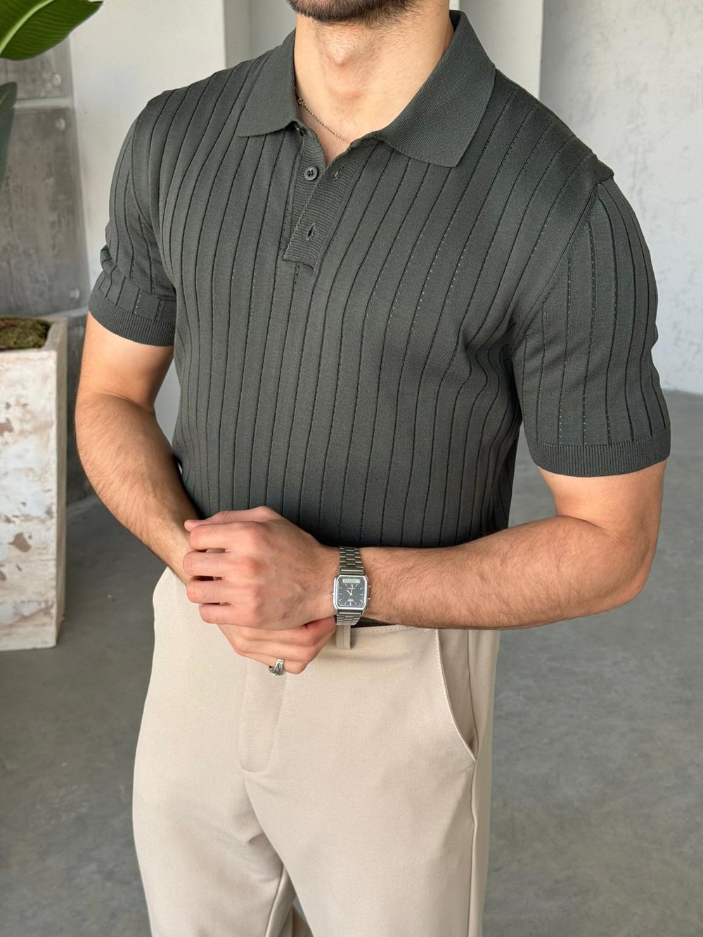Düğmeli Polo Yaka Triko V - Haki