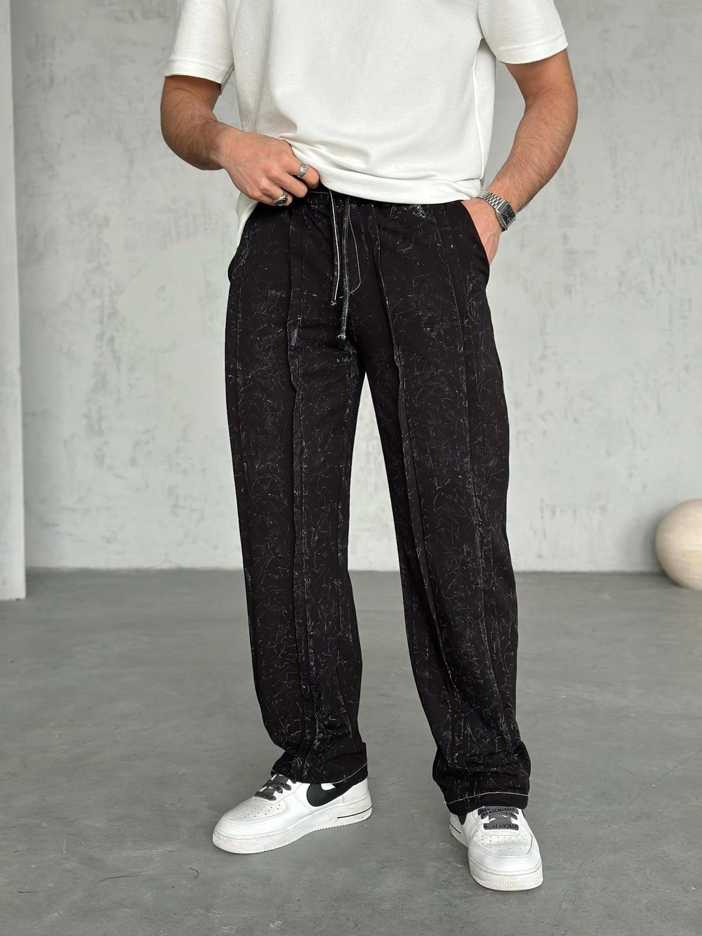 EF1352 Tasarım Yıkamalı Baggy Eşofman Siyah